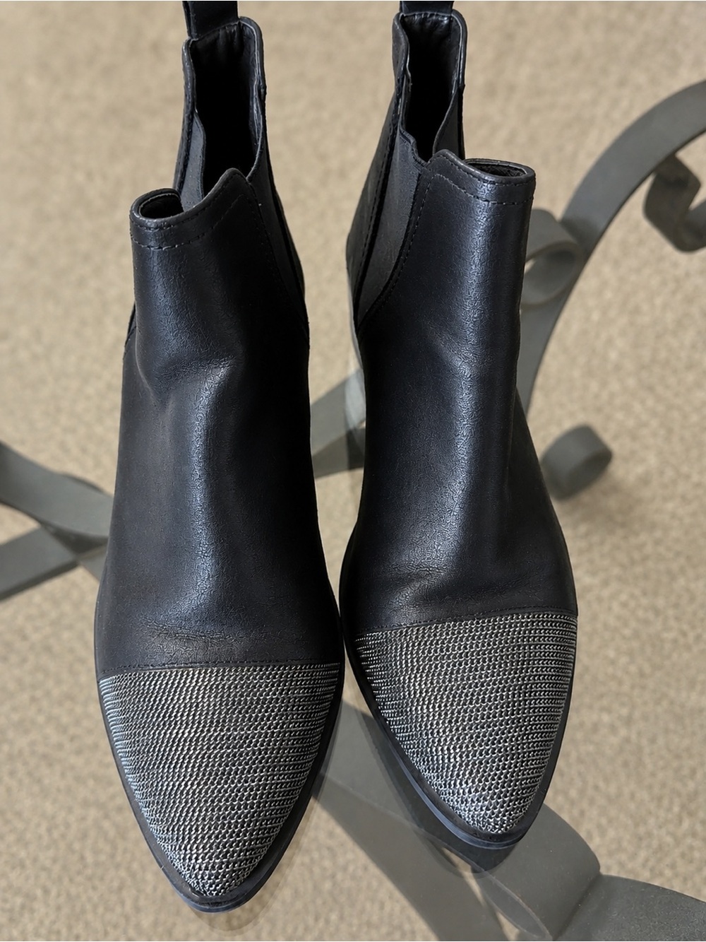 Report Black Leather Ankle Boots with Silver Textured Toe